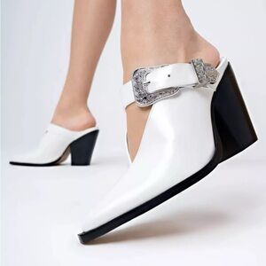 SCHUTZ White and Silver Mules with Pointed Toe
